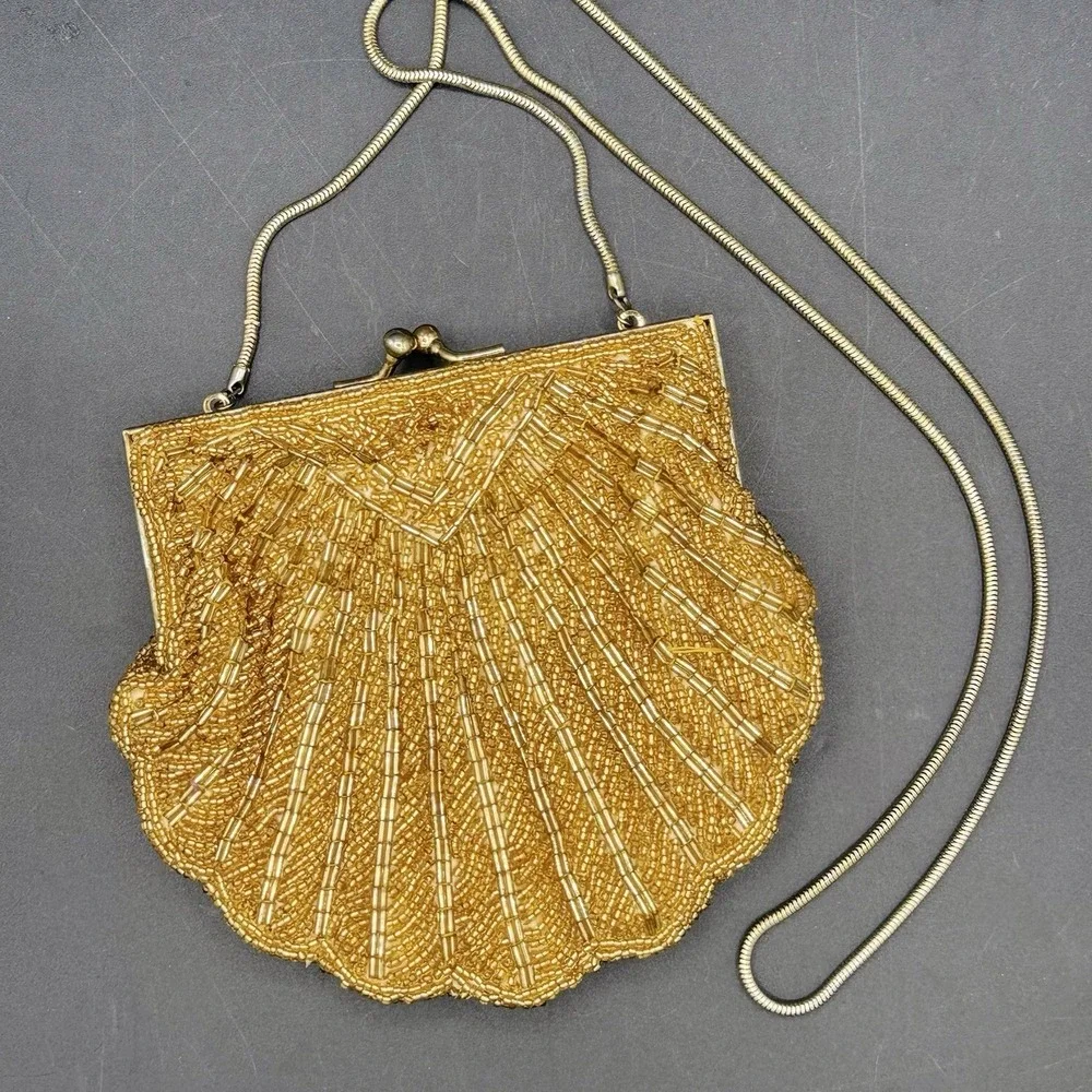 Vintage Gold Beaded Clam Shell Evening Bag Flapper Art Deco Cocktail Purse Chain